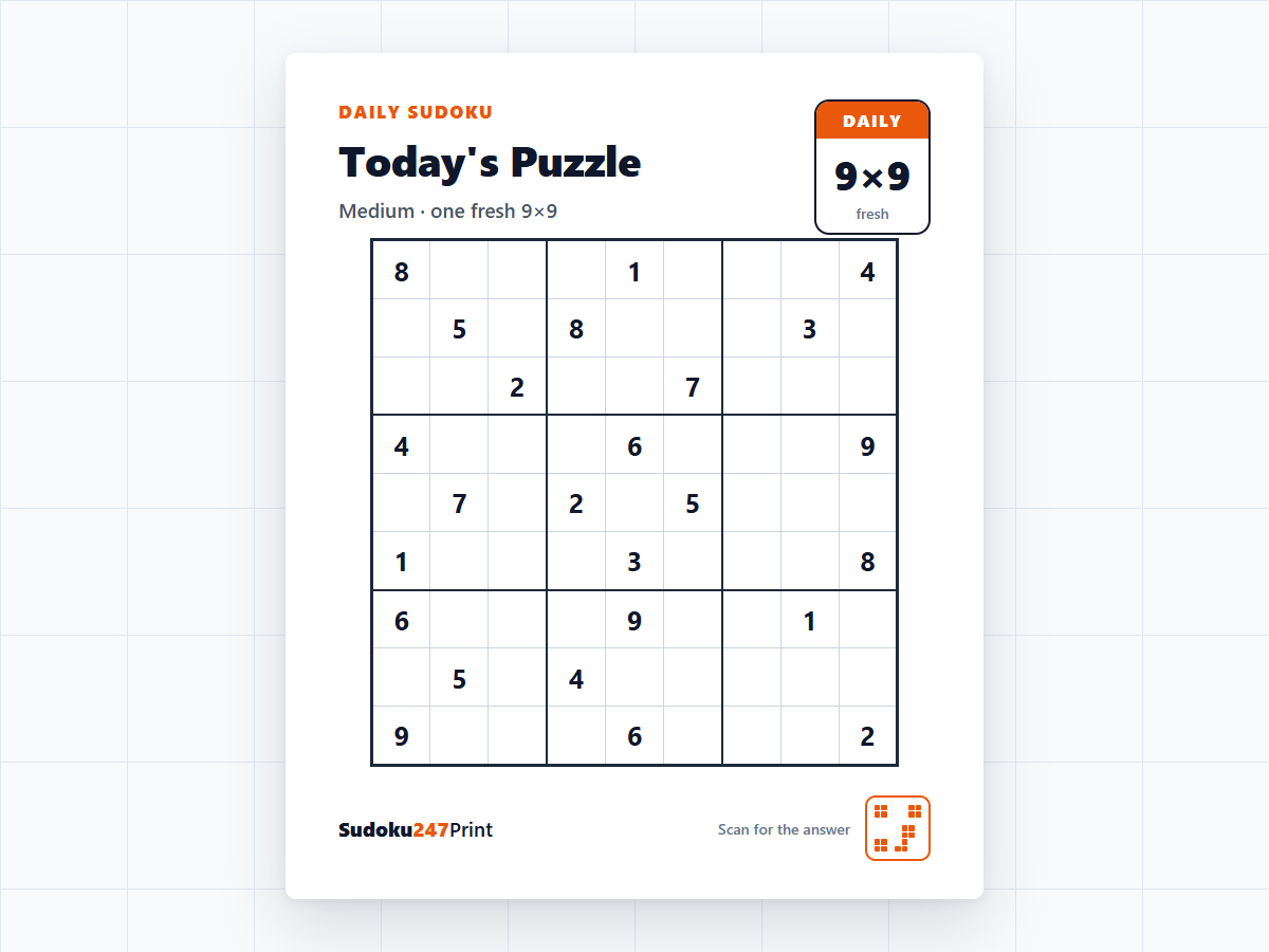 Today's printable daily sudoku — a dated A4 sheet with a fresh medium 9×9 grid to print