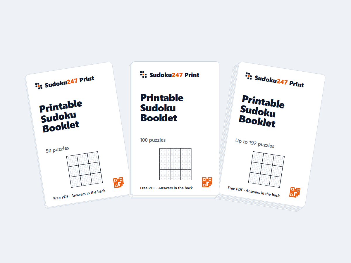 Printable sudoku booklet PDF builder — a fan of 50, 100 and 200-puzzle book covers with answers in the back