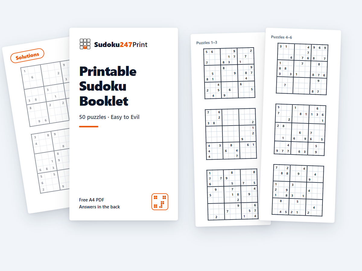 Printable sudoku booklet PDF — branded cover, an inside puzzle spread and a solutions section in the back