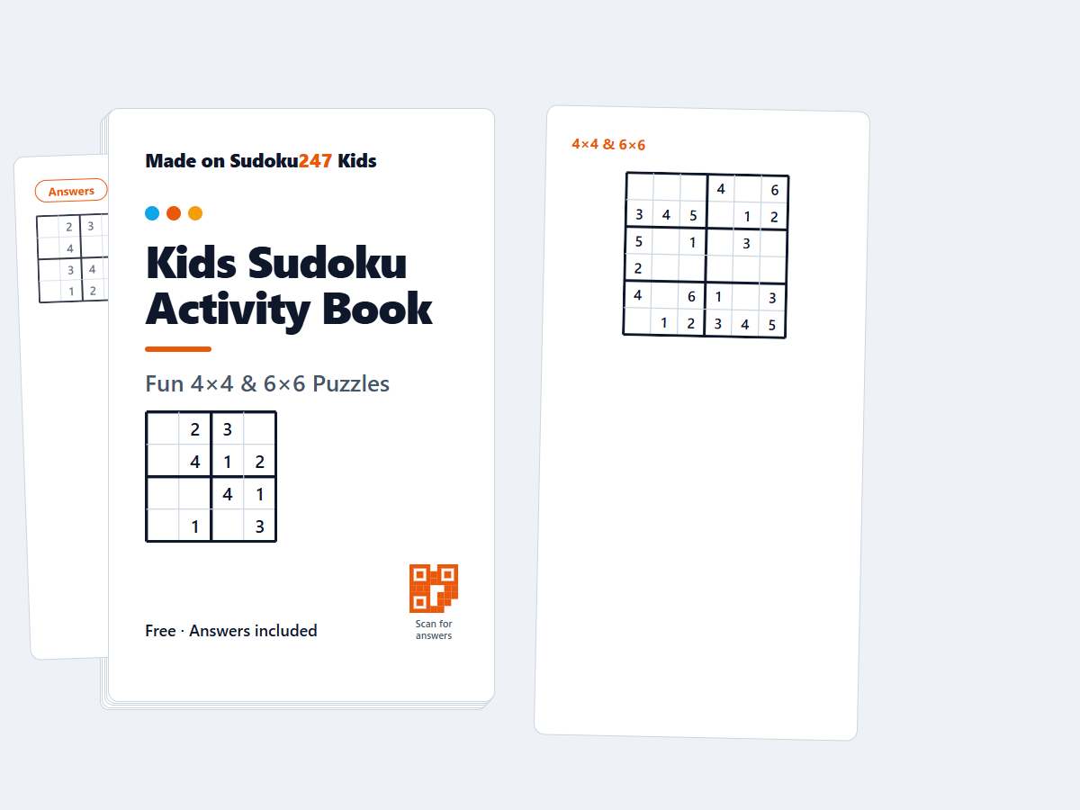Sudoku activity book for kids — a colourful cover with friendly 4×4 and 6×6 grids, built on the kids site