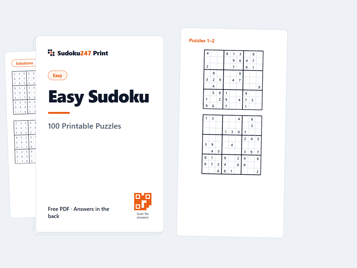 Printable easy sudoku book PDF — a 100-puzzle cover with a relaxed 9×9 spread and answers in the back
