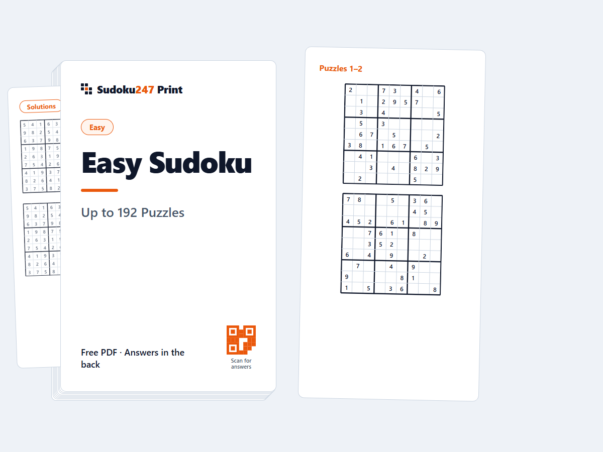 Printable easy sudoku book PDF — a ~200-puzzle cover with a gentle 9×9 spread and answers in the back