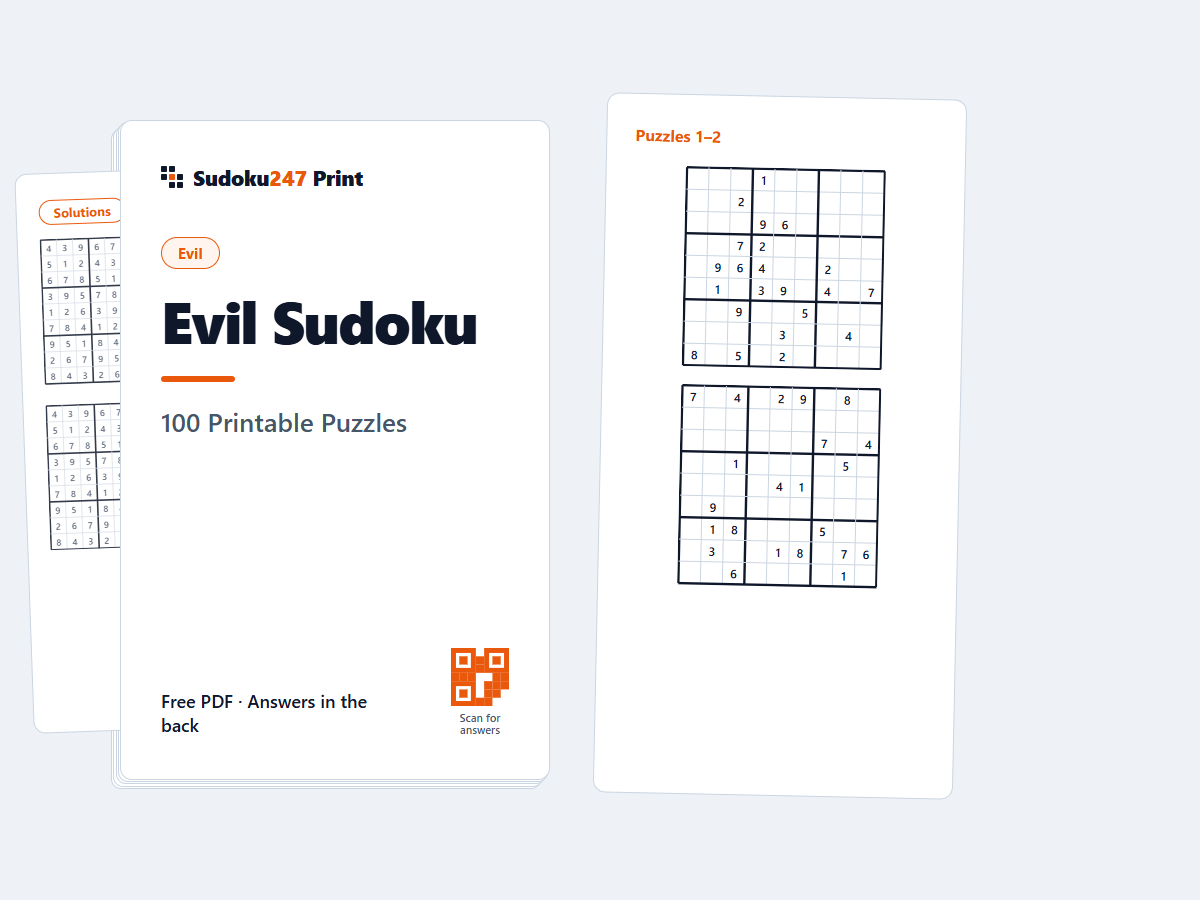 Printable evil sudoku book PDF — a 100-puzzle cover with a brutal 9×9 spread and answers in the back