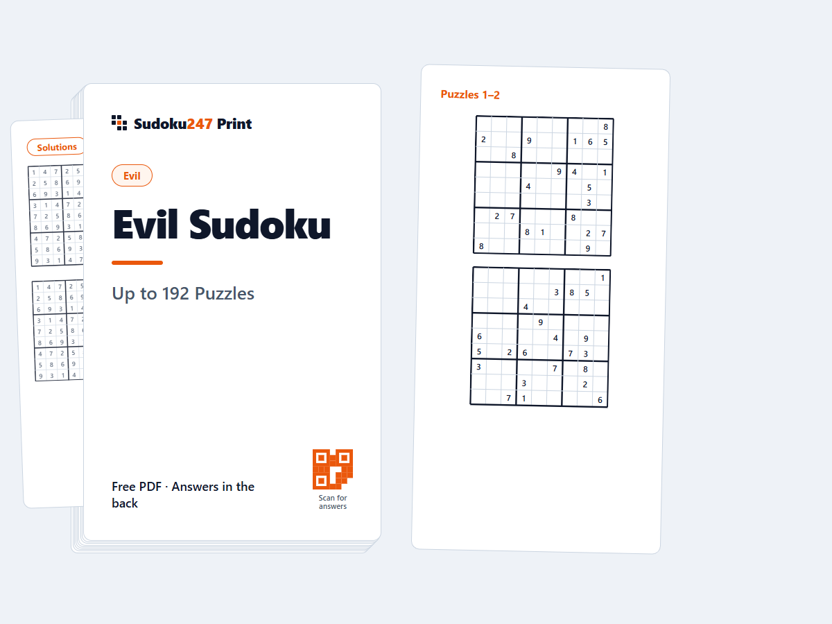 Printable evil sudoku book PDF — a ~200-puzzle cover with a brutal 9×9 spread and answers in the back