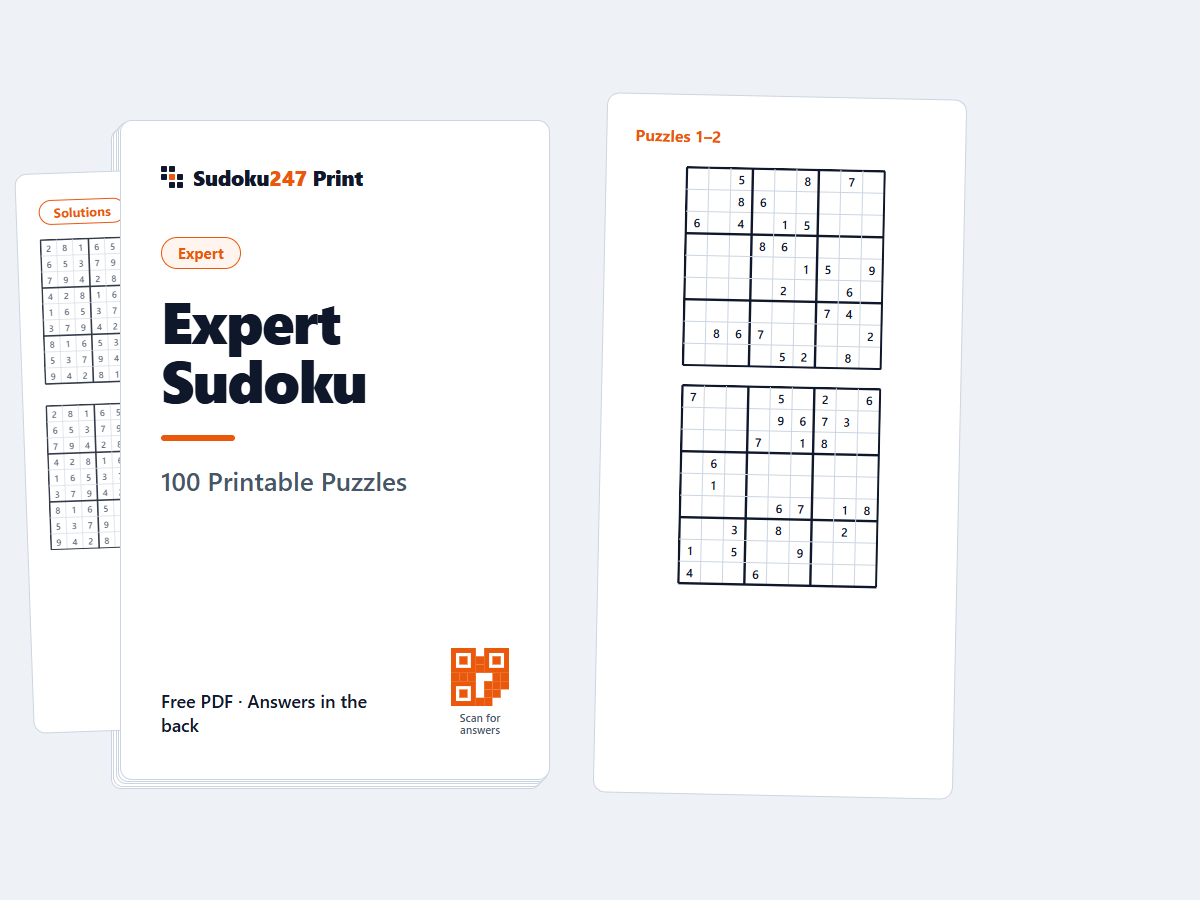 Printable expert sudoku book PDF — a 100-puzzle cover with a demanding 9×9 spread and answers in the back
