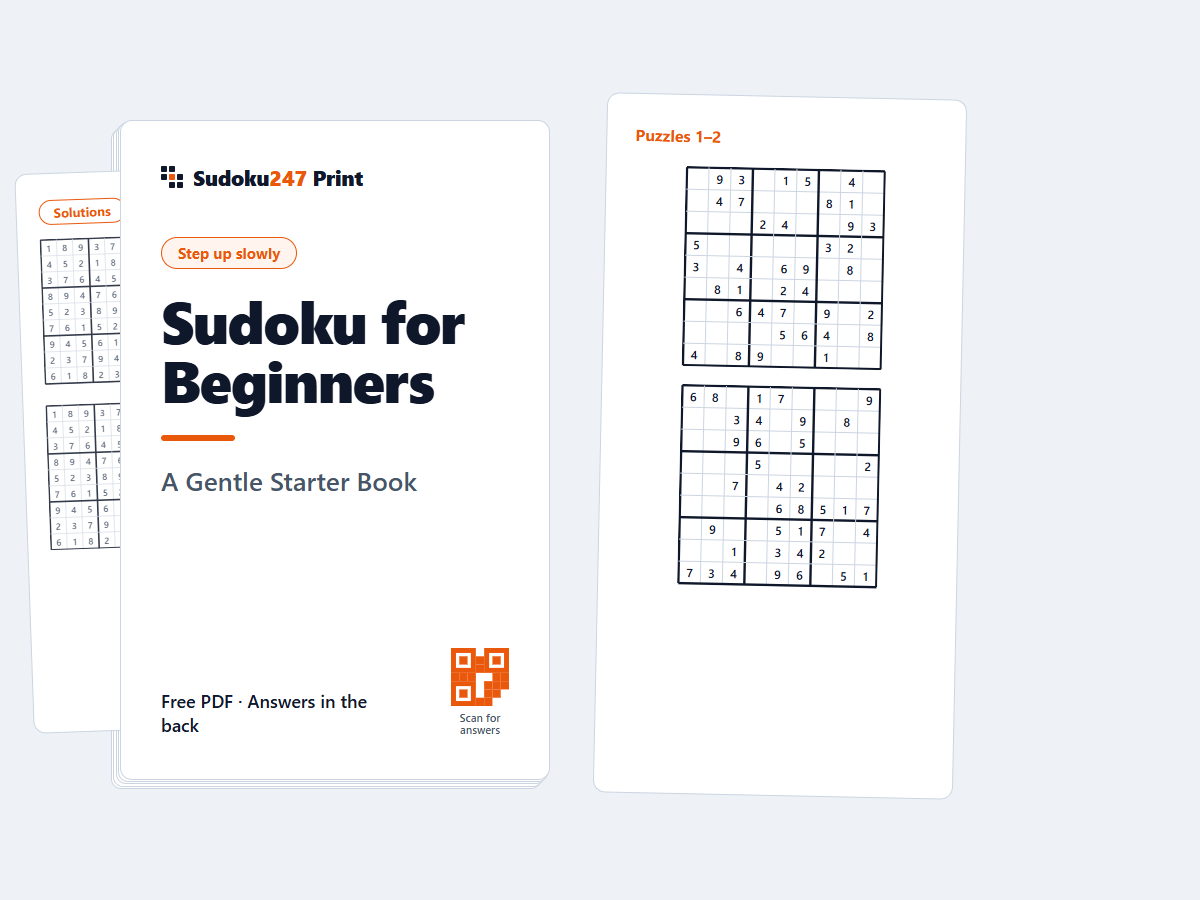 Sudoku book for beginners PDF — a cover with a gentle 9×9 spread that steps up slowly, with answers in the back