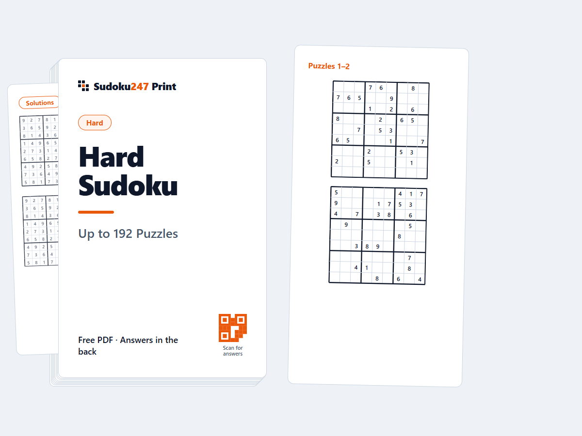 Printable hard sudoku book PDF — a ~200-puzzle cover with a tough 9×9 spread and answers in the back
