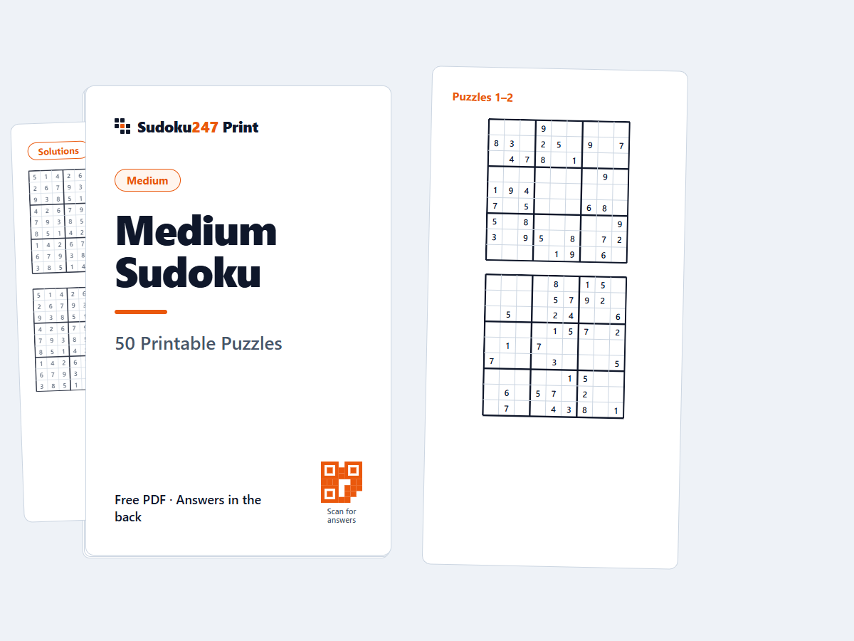 Printable medium sudoku book PDF — a 50-puzzle cover with a balanced 9×9 spread and answers in the back